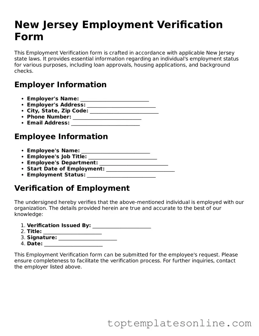 Blank Employment Verification Template for New Jersey State