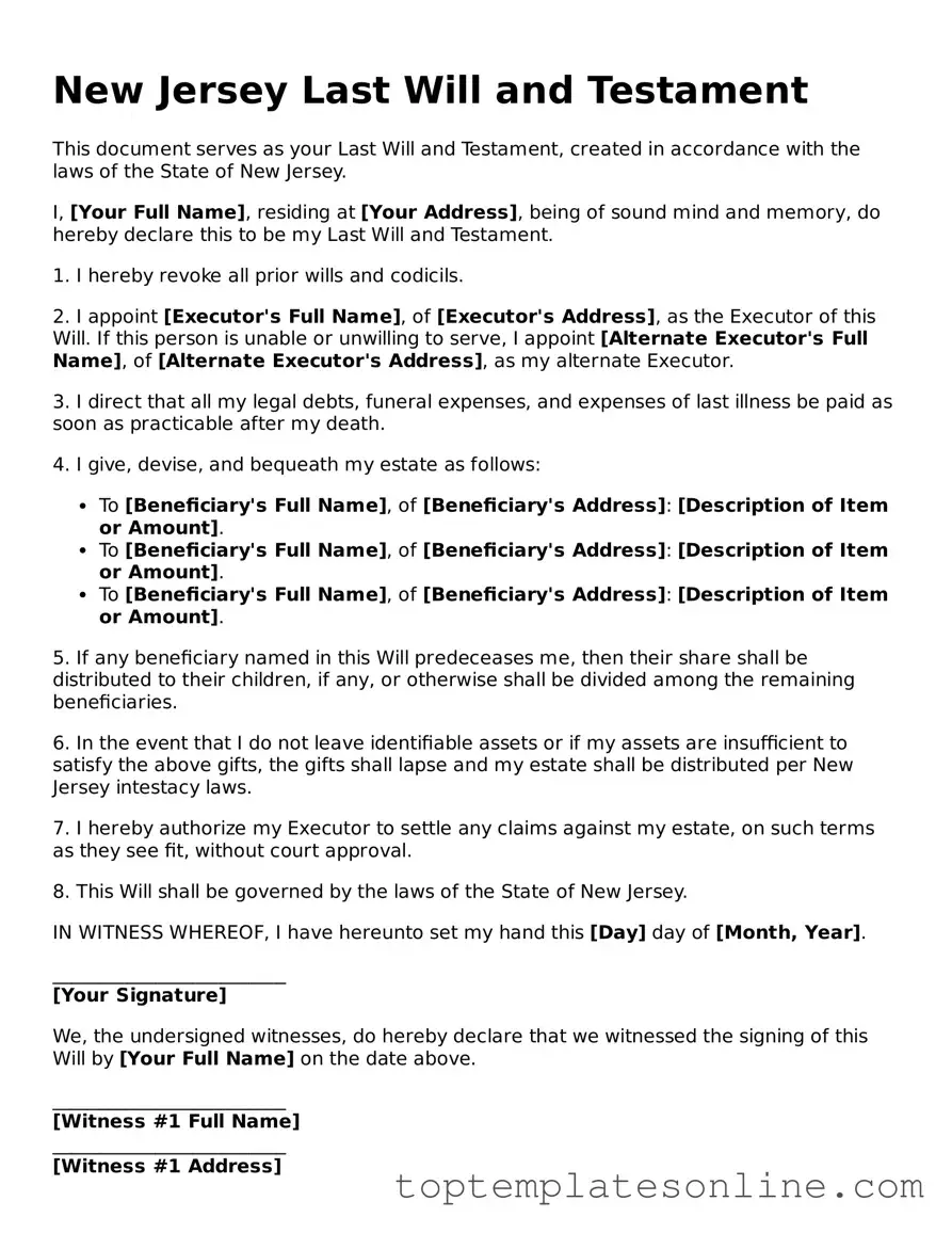 Blank Last Will and Testament Template for New Jersey State
