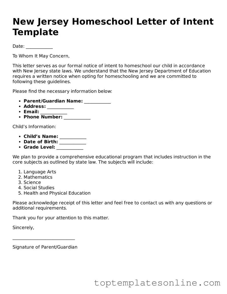 Blank Homeschool Letter of Intent Template for New Jersey State