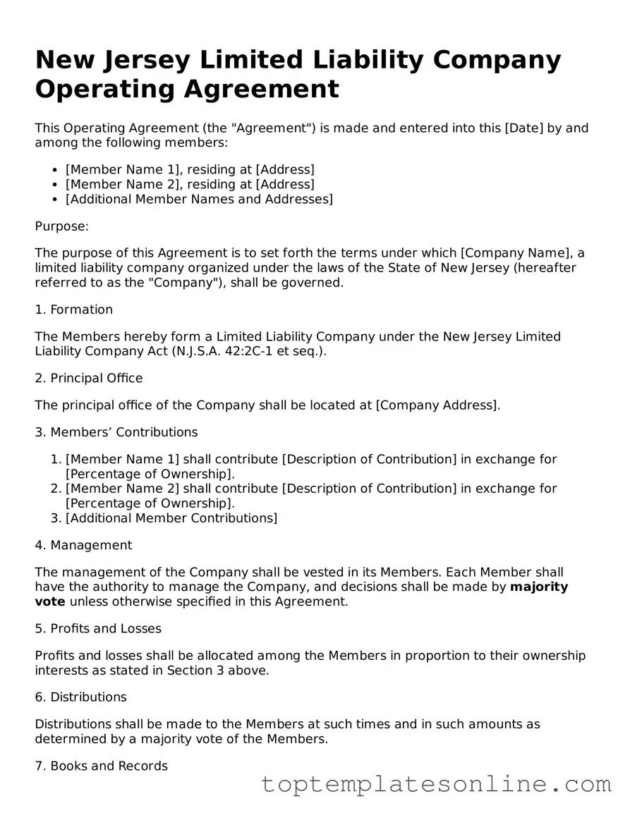 Blank Operating Agreement Template for New Jersey State