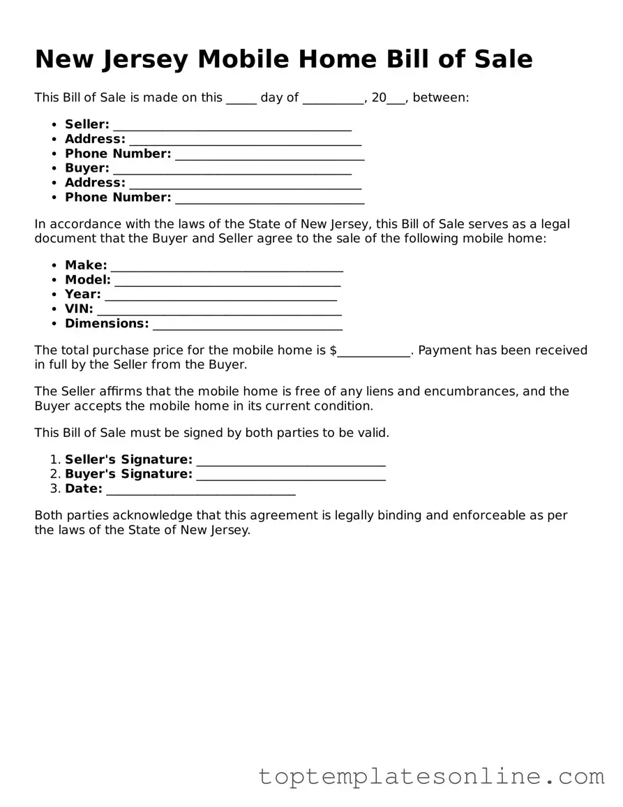Blank Mobile Home Bill of Sale Template for New Jersey State