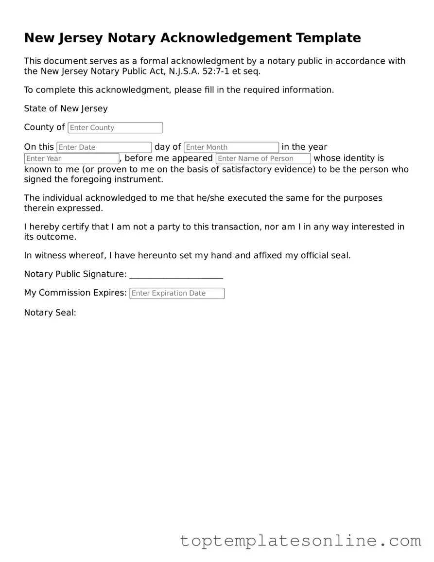 Blank Notary Acknowledgement Template for New Jersey State