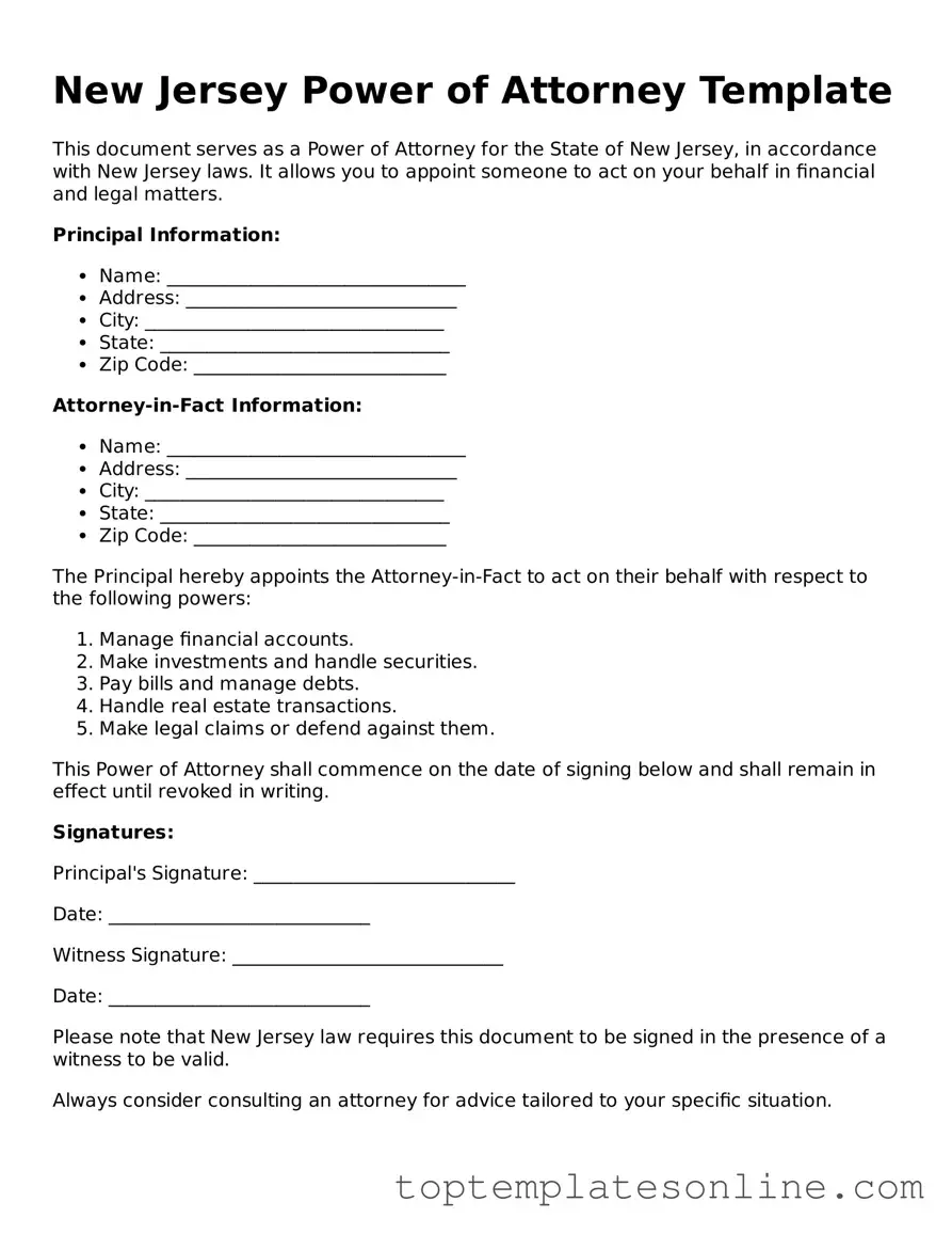 Blank Power of Attorney Template for New Jersey State