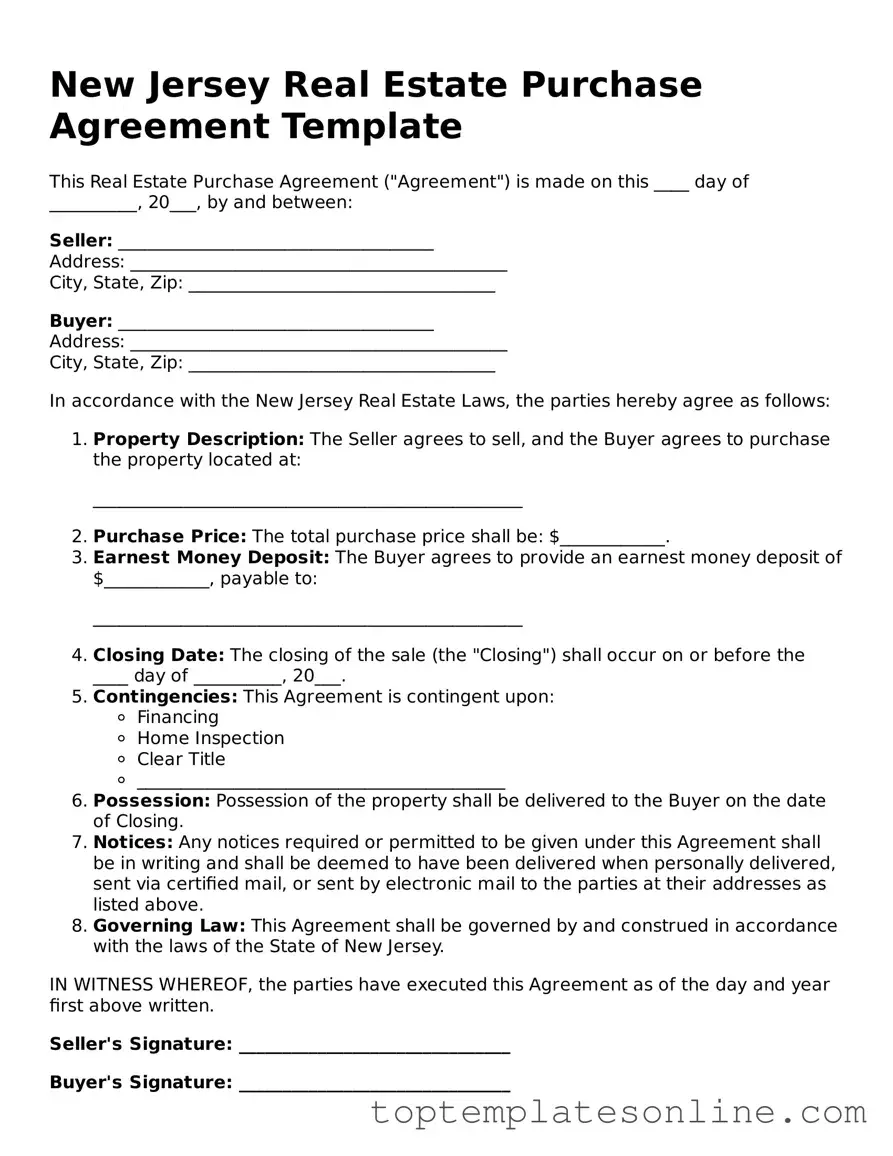 Blank Real Estate Purchase Agreement Template for New Jersey State