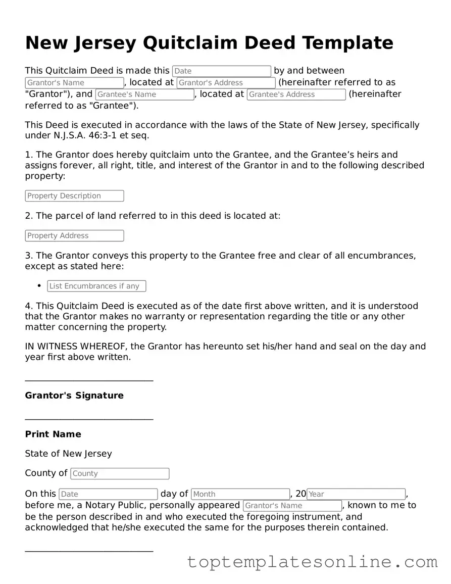 Blank Quitclaim Deed Template for New Jersey State