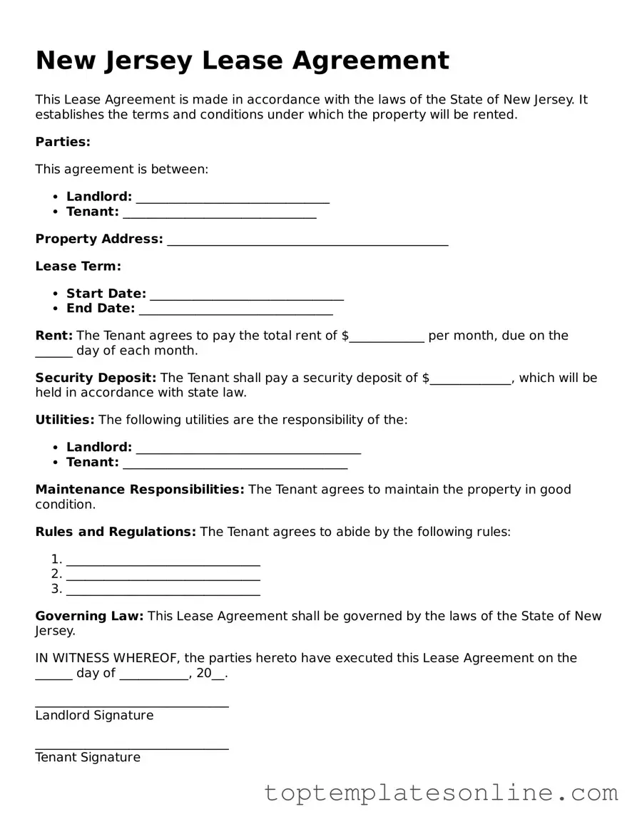 Blank Lease Agreement Template for New Jersey State
