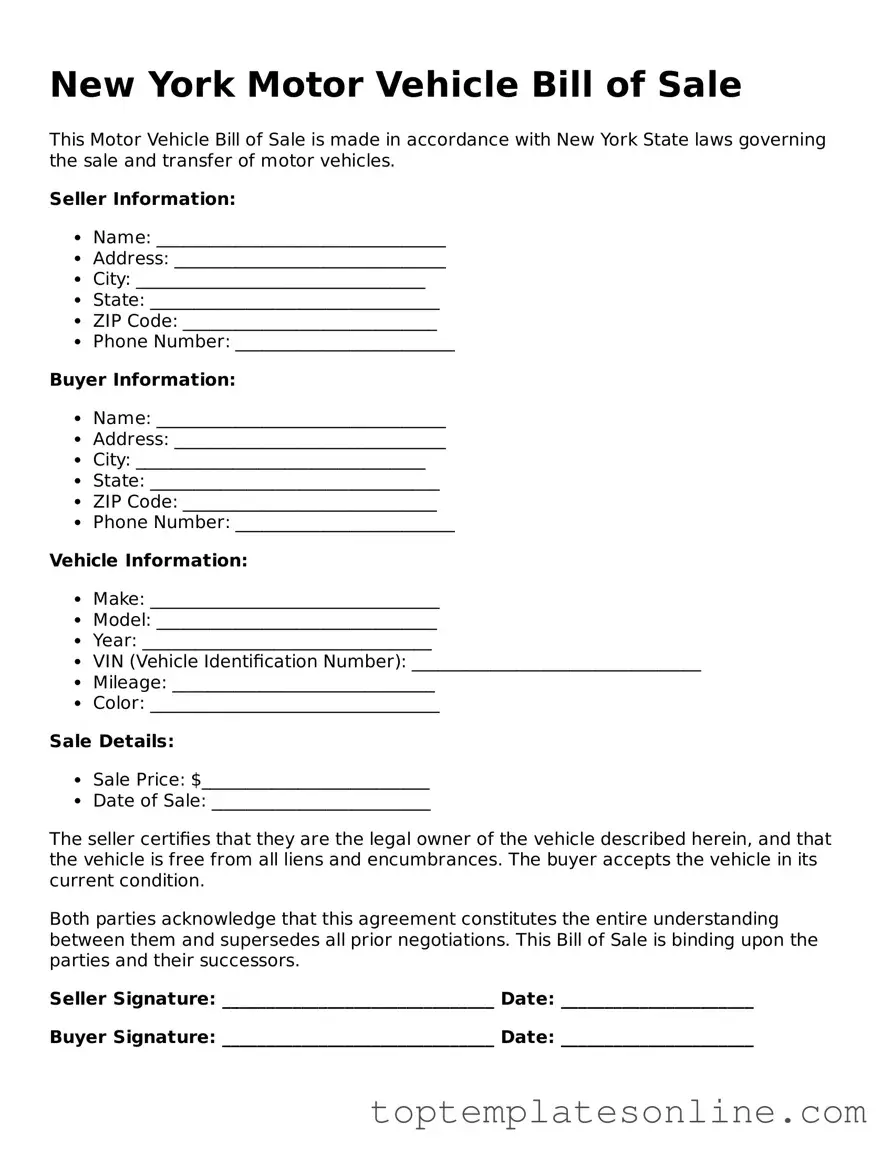 Blank Motor Vehicle Bill of Sale Template for New York State