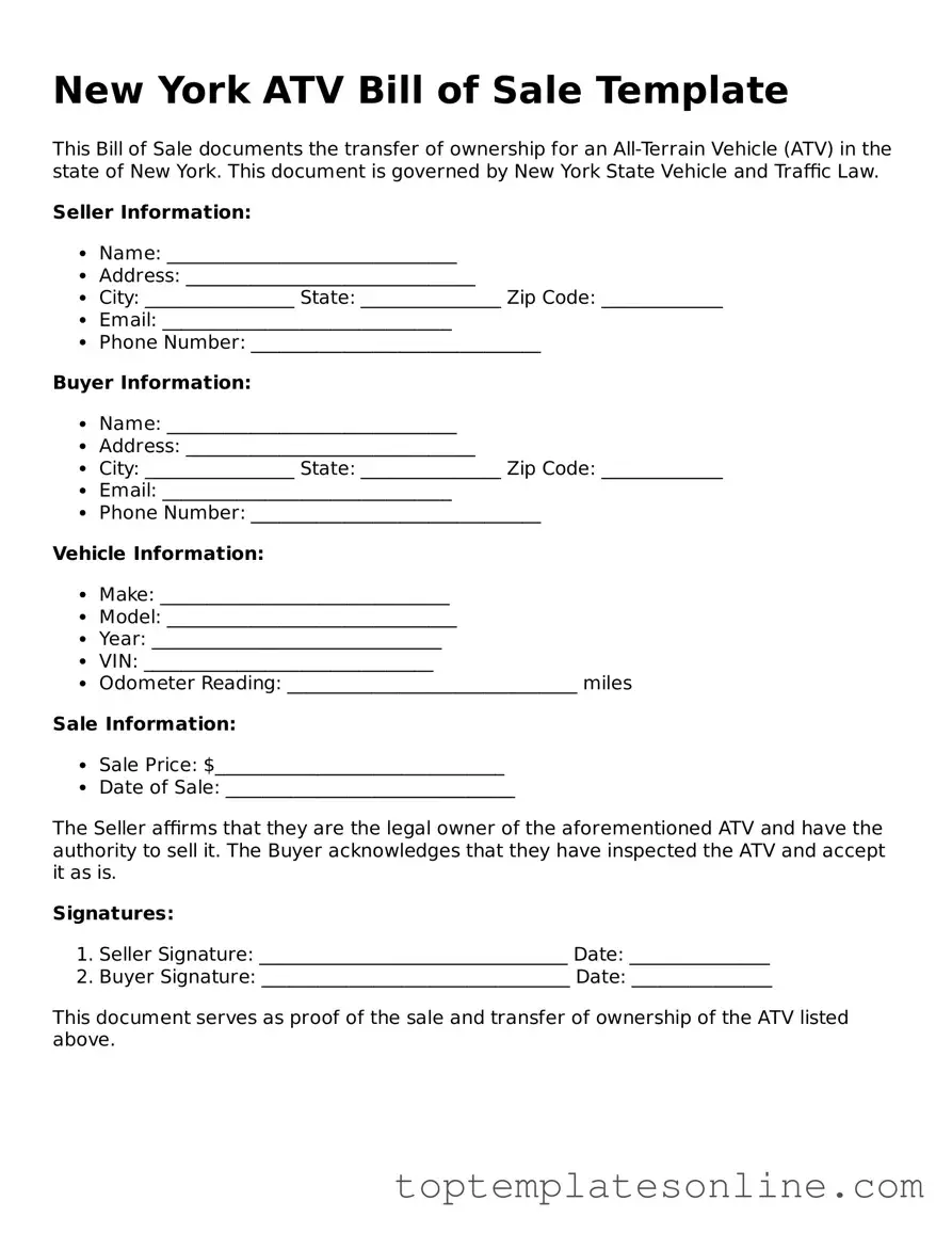 Blank ATV Bill of Sale Template for New York State