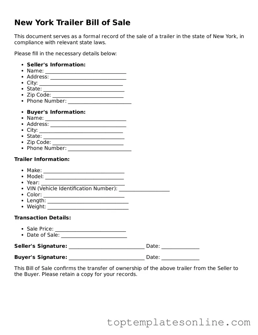Blank Trailer Bill of Sale Template for New York State