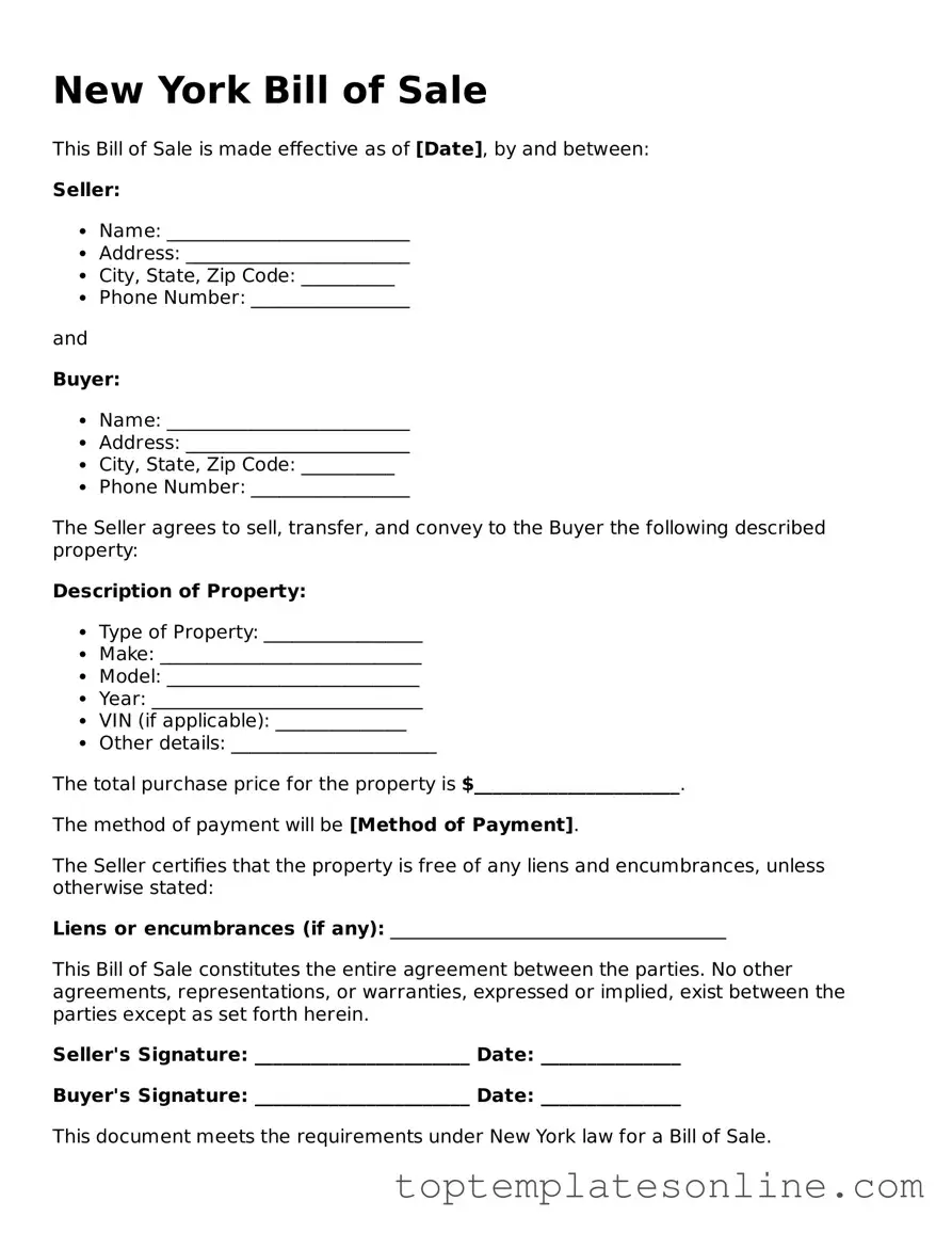 Blank Bill of Sale Template for New York State