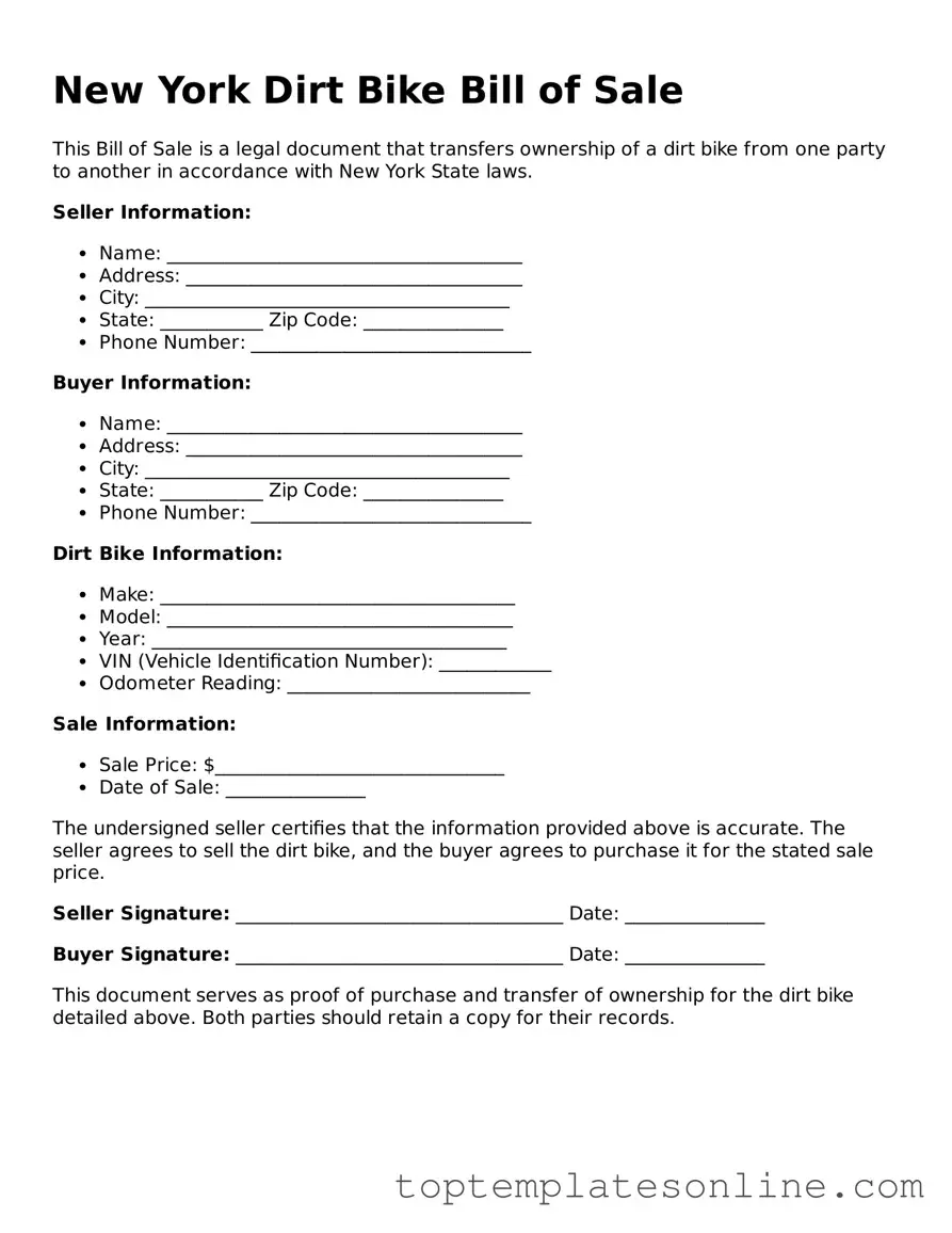 Blank Dirt Bike Bill of Sale Template for New York State