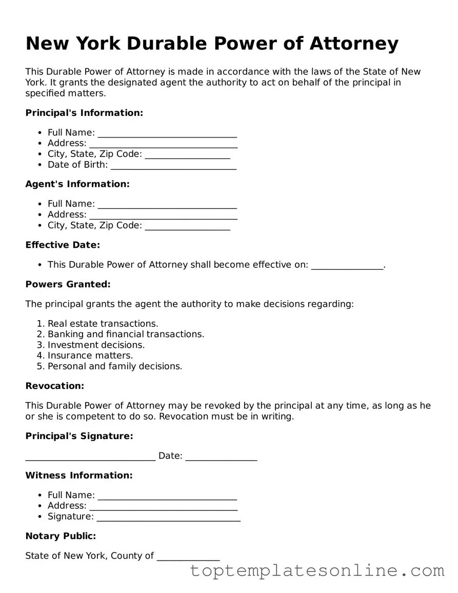 Blank Durable Power of Attorney Template for New York State