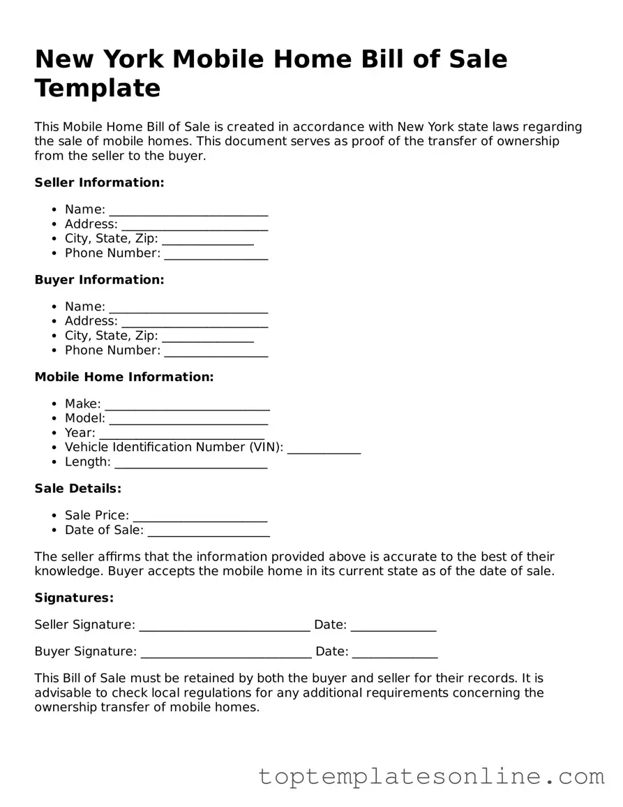 Blank Mobile Home Bill of Sale Template for New York State