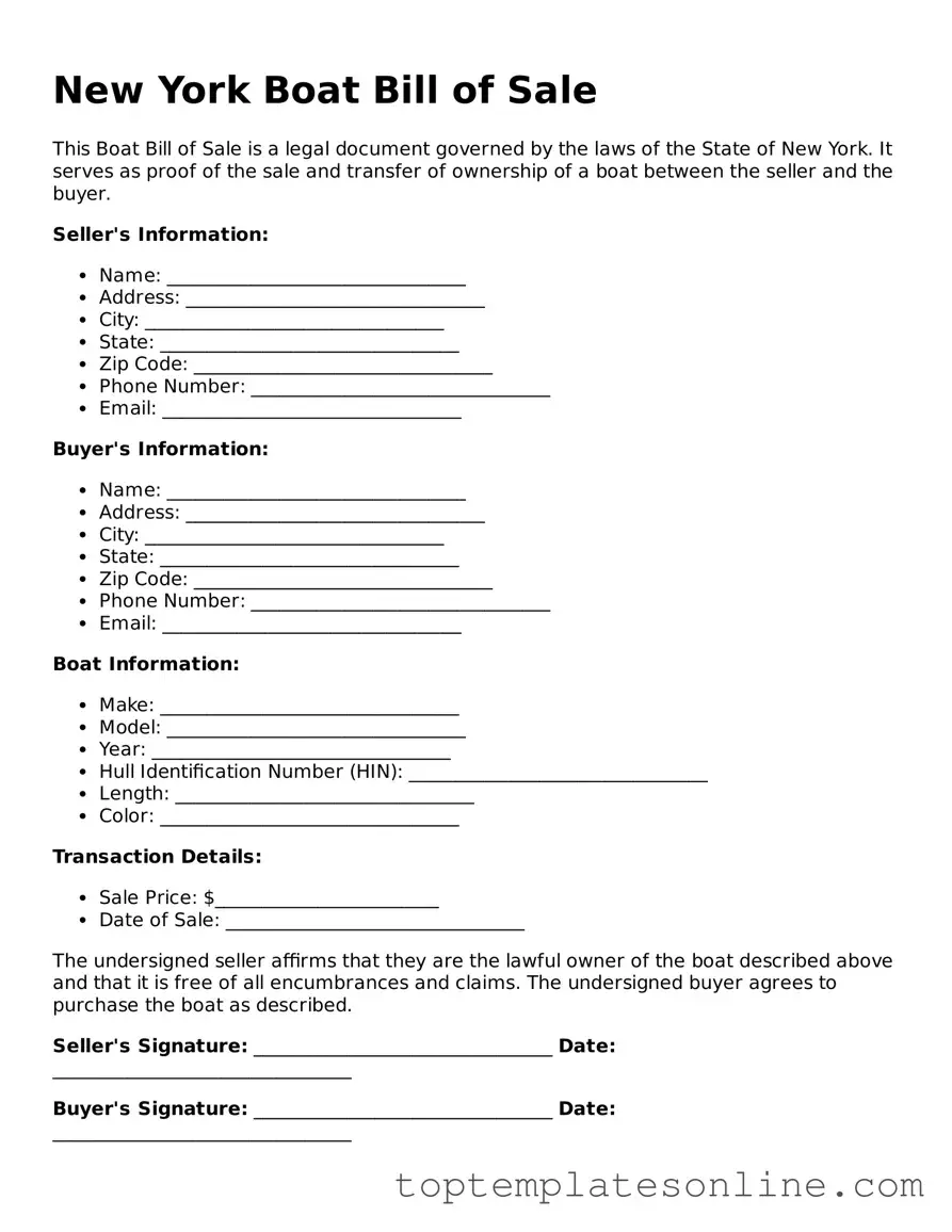 Blank Boat Bill of Sale Template for New York State