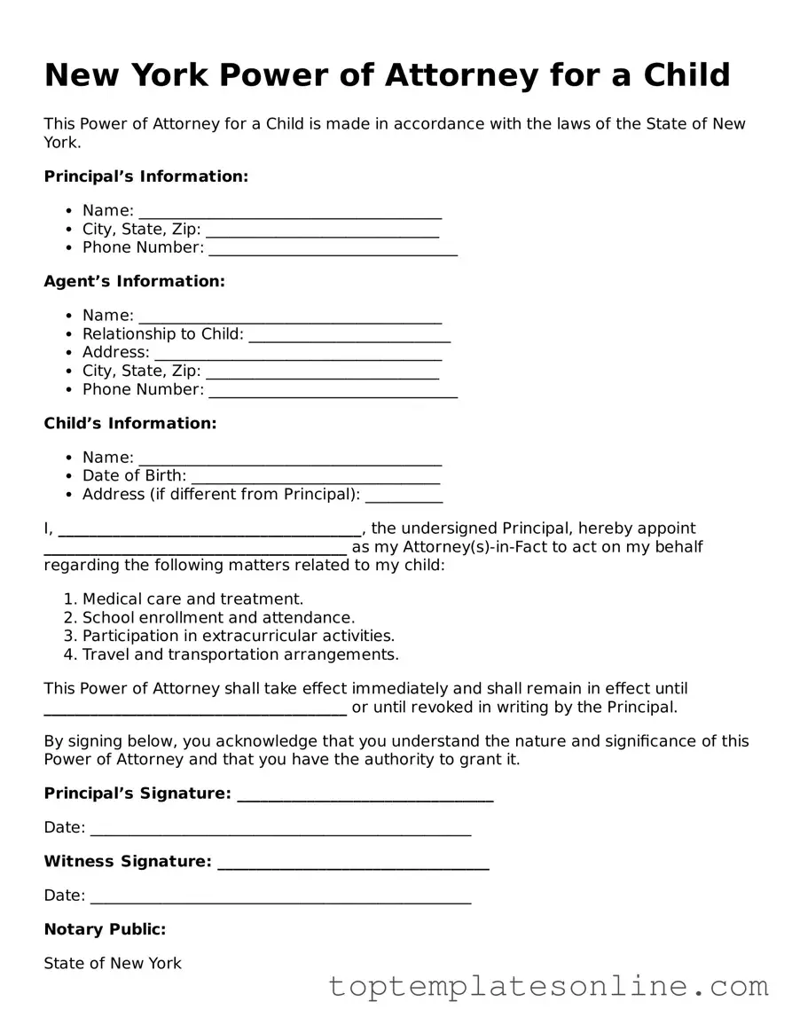 Blank Power of Attorney for a Child Template for New York State