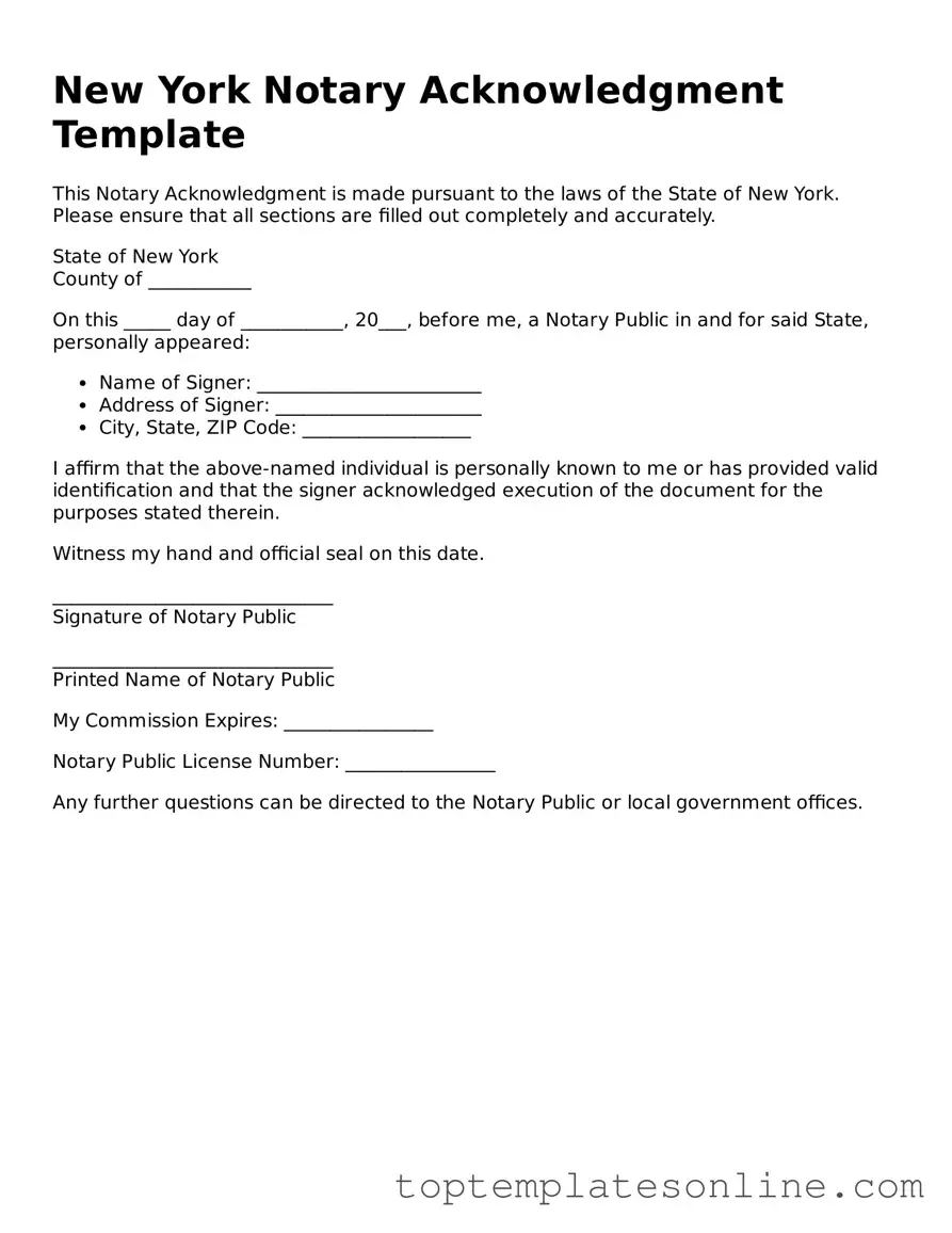 Blank Notary Acknowledgement Template for New York State