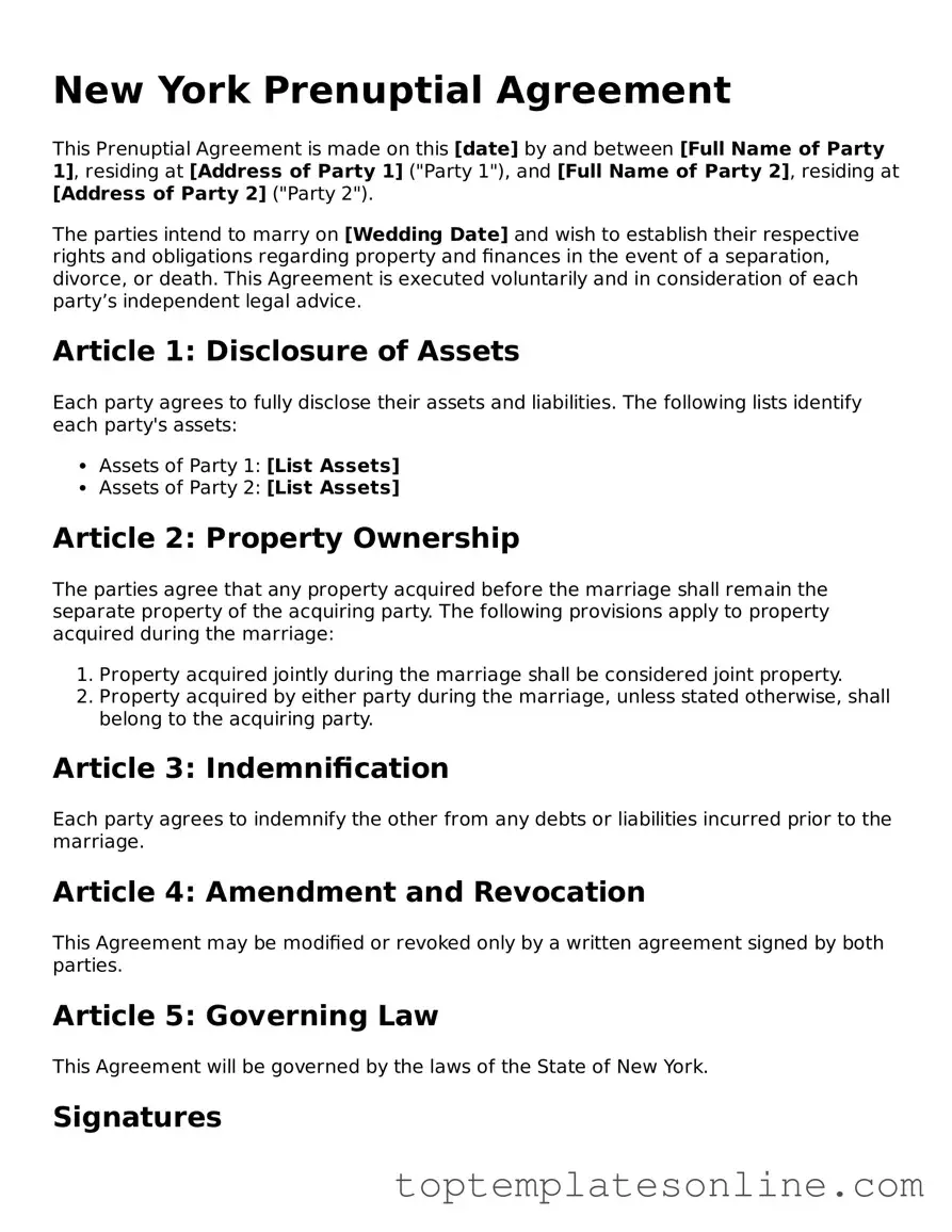 Blank Prenuptial Agreement Template for New York State