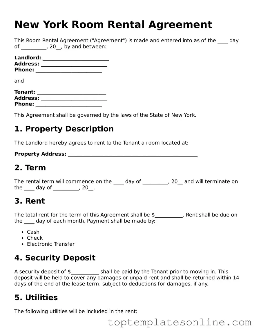 Blank Room Rental Agreement Template for New York State