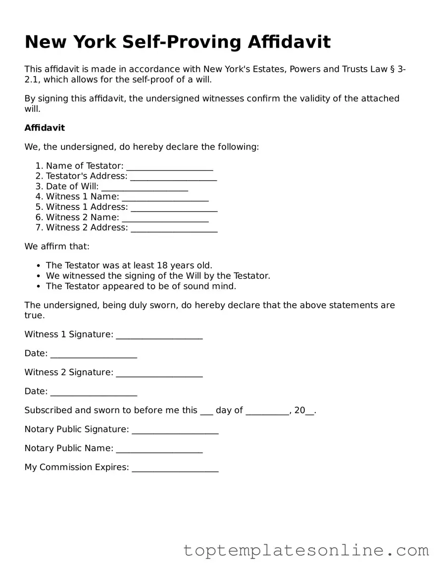 Blank Self-Proving Affidavit Template for New York State