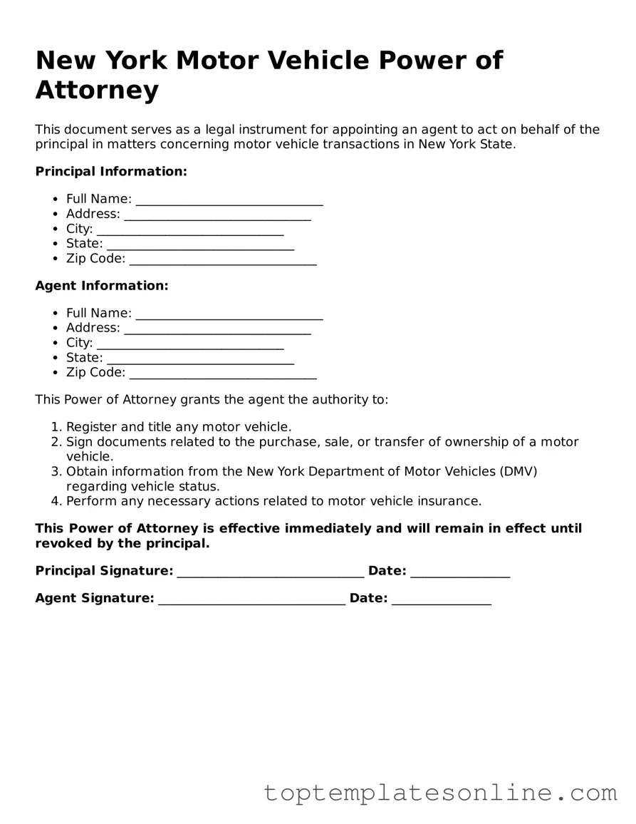 Blank Motor Vehicle Power of Attorney Template for New York State