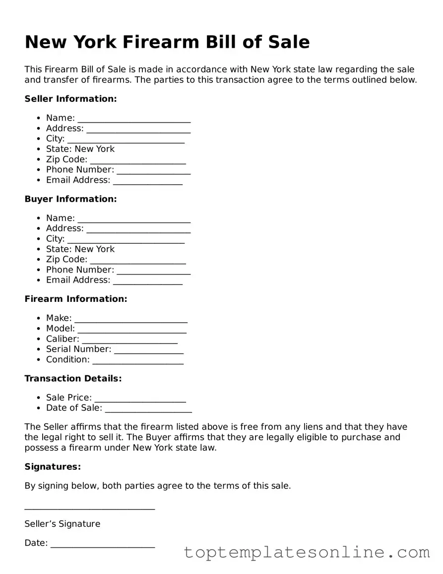 Blank Firearm Bill of Sale Template for New York State