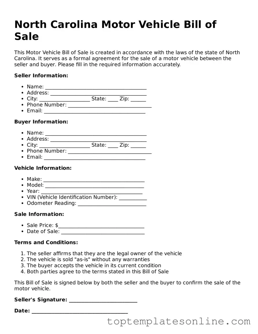 Blank Motor Vehicle Bill of Sale Template for North Carolina State