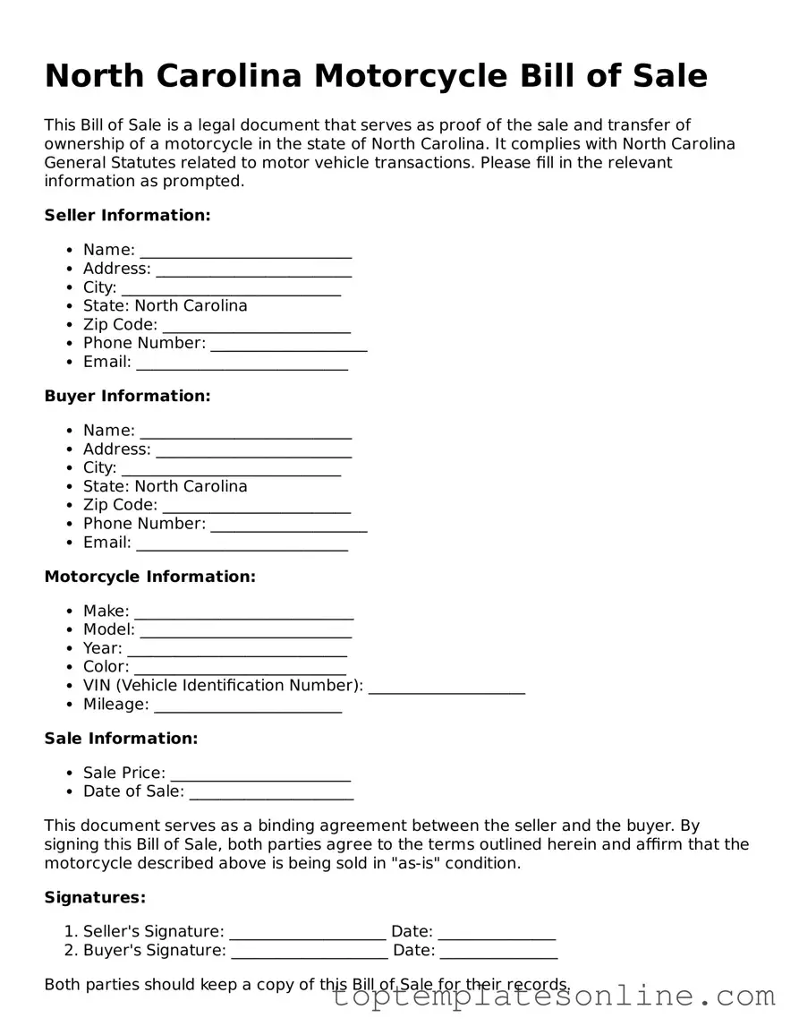 Blank Motorcycle Bill of Sale Template for North Carolina State