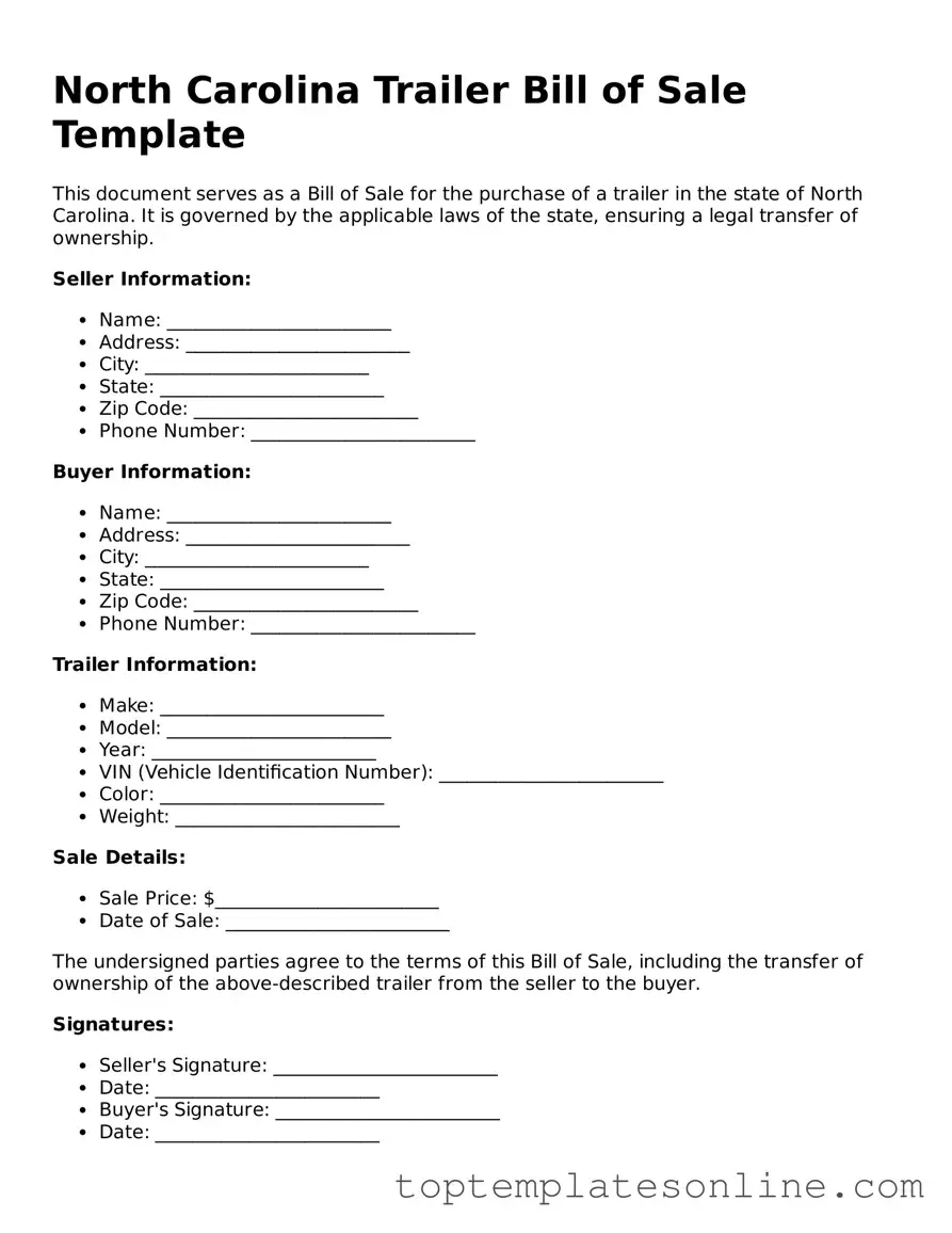 Blank Trailer Bill of Sale Template for North Carolina State