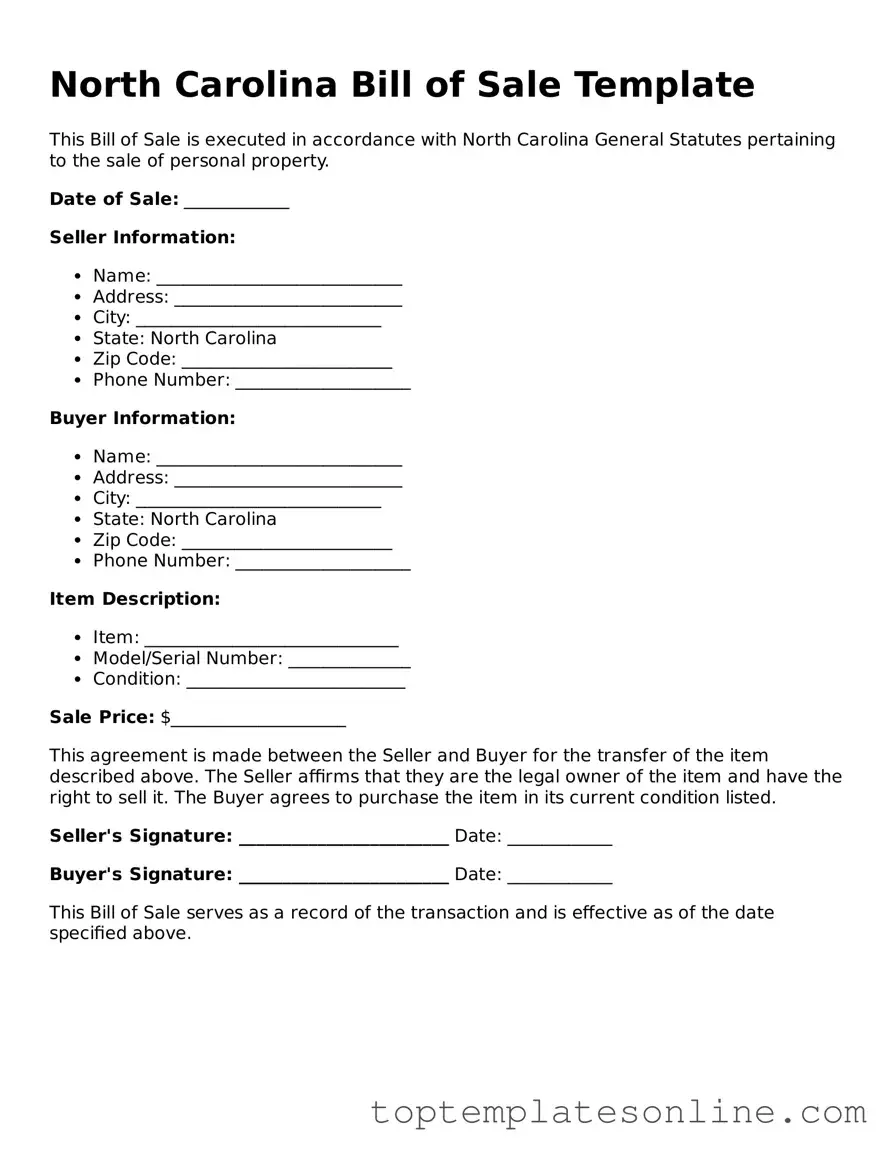 Blank Bill of Sale Template for North Carolina State