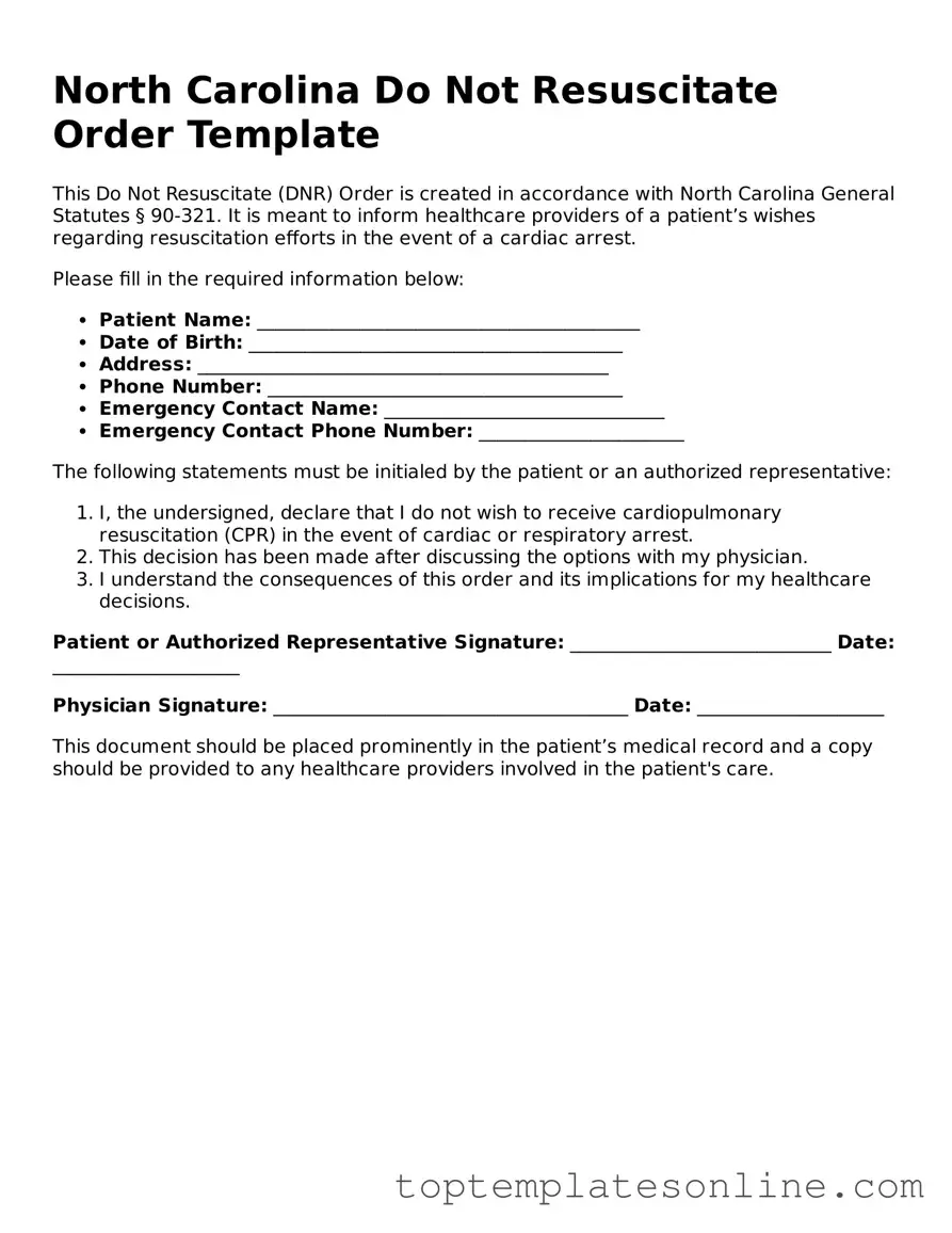 Blank Do Not Resuscitate Order Template for North Carolina State