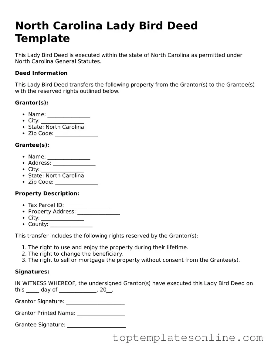 Blank Lady Bird Deed Template for North Carolina State