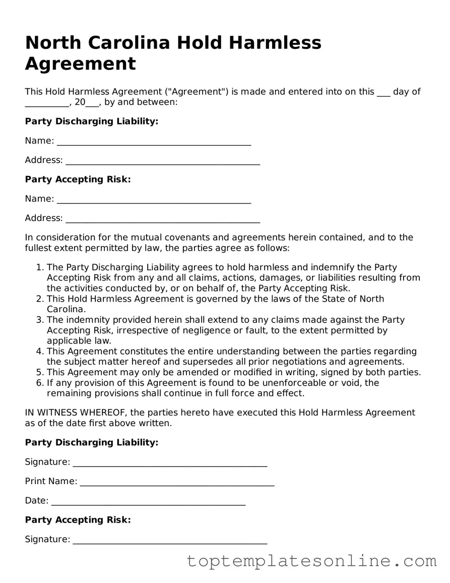 Blank Hold Harmless Agreement Template for North Carolina State