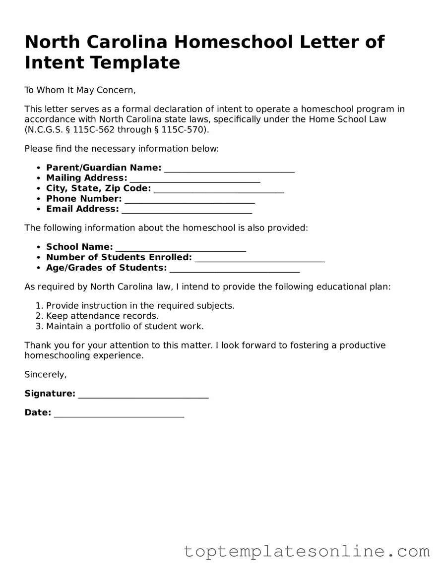 Blank Homeschool Letter of Intent Template for North Carolina State