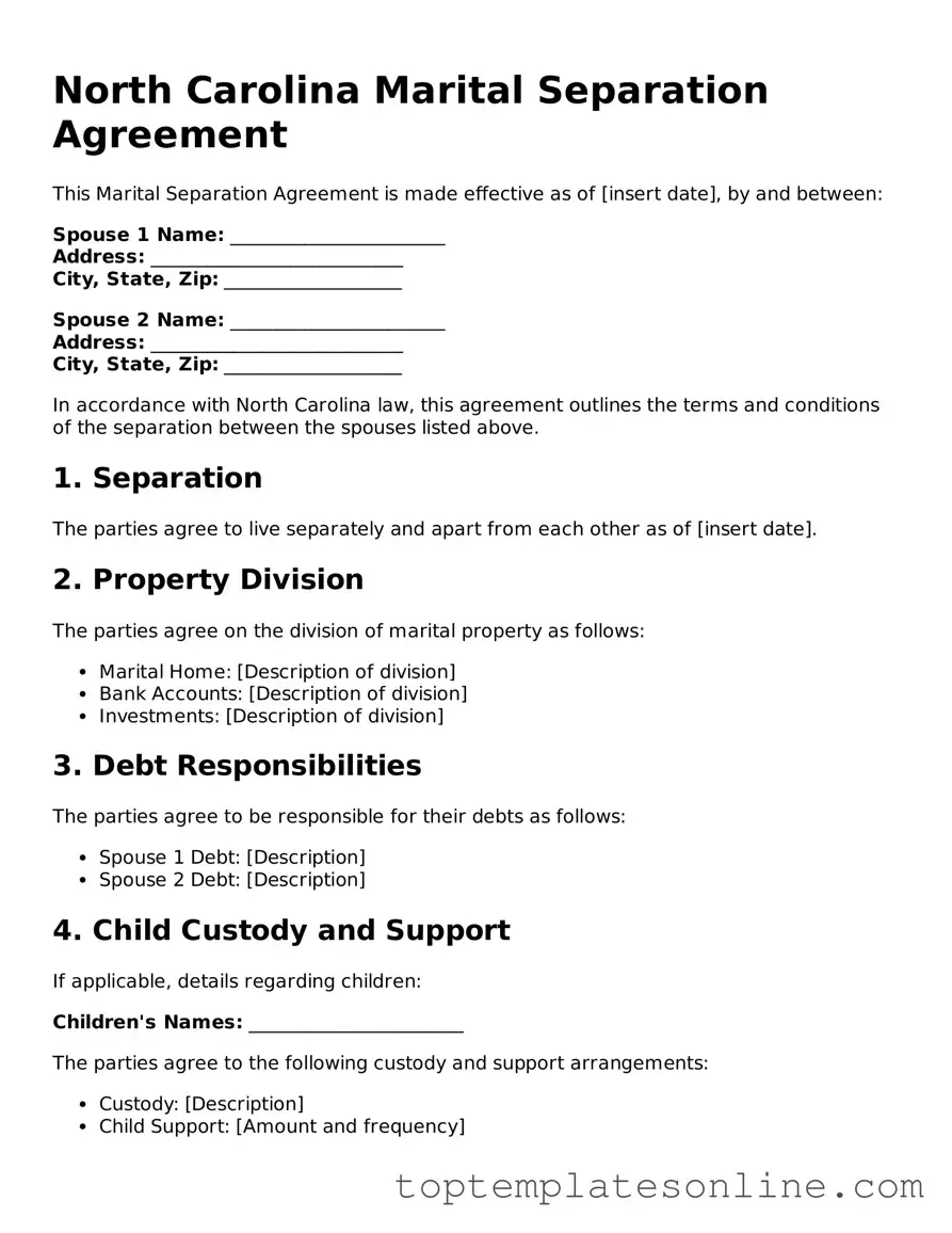Blank Marital Separation Agreement Template for North Carolina State