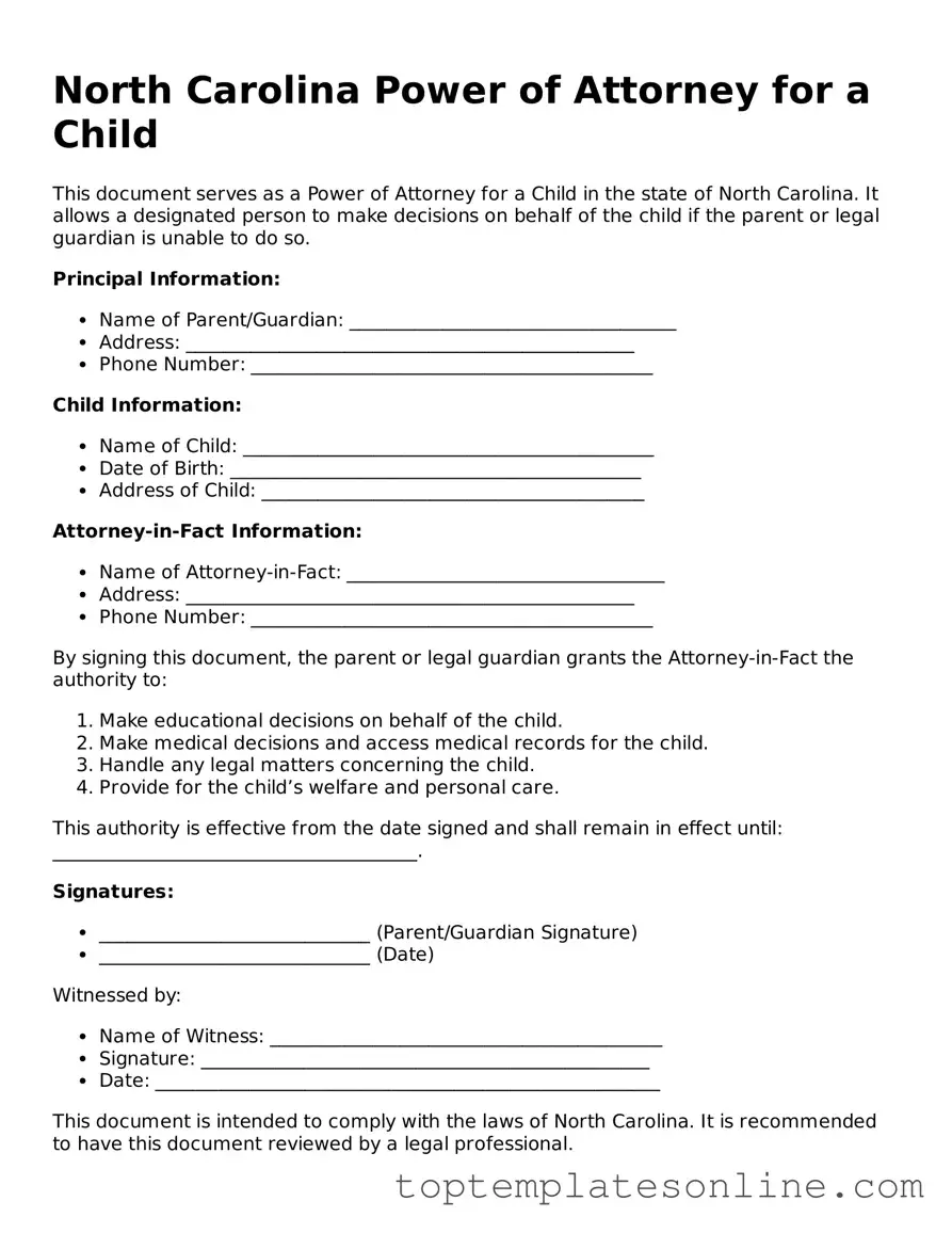 Blank Power of Attorney for a Child Template for North Carolina State