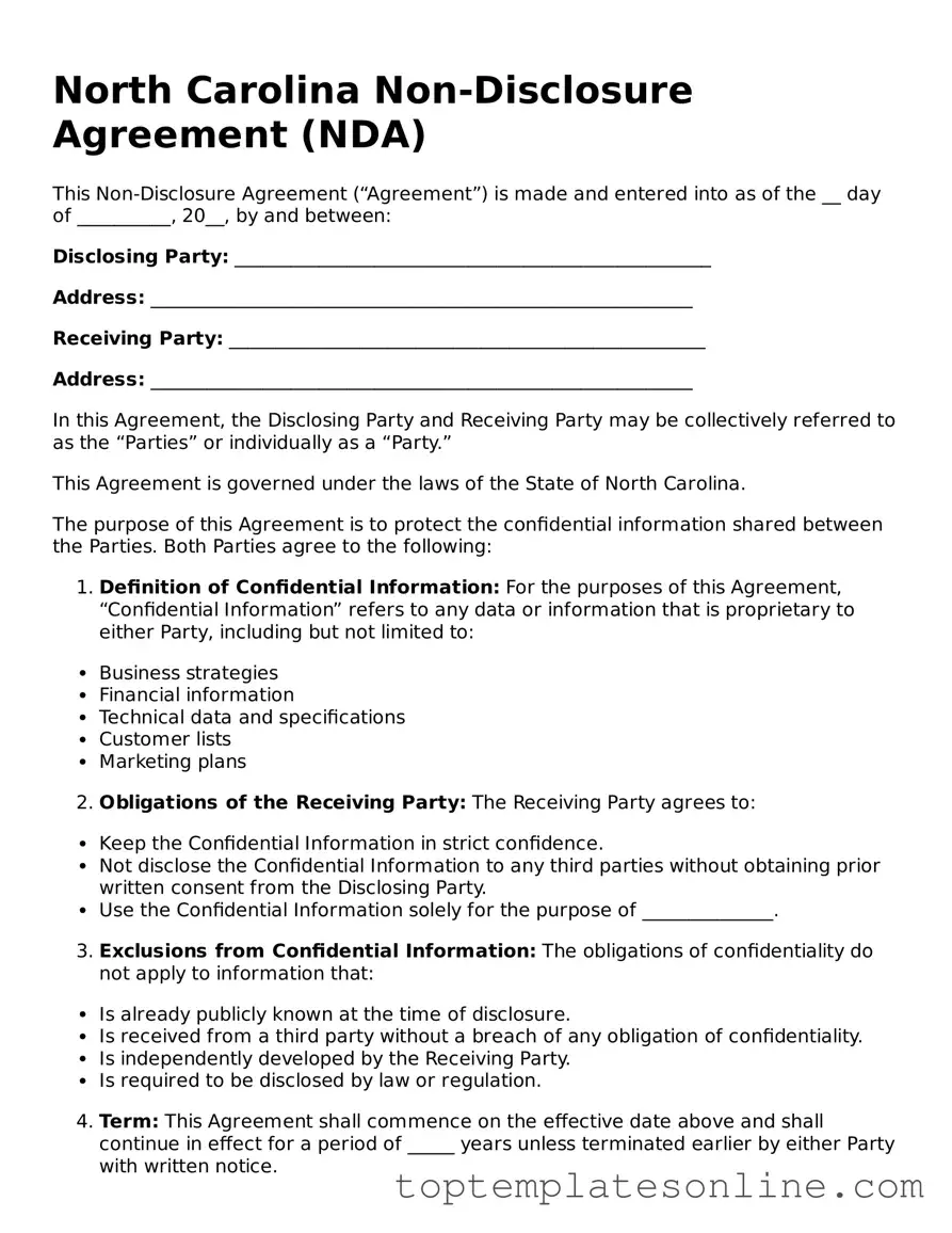 Blank Non-disclosure Agreement Template for North Carolina State