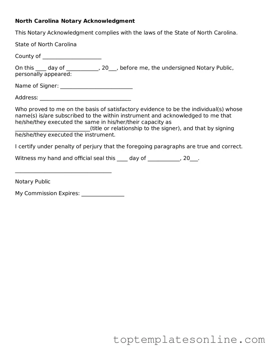Blank Notary Acknowledgement Template for North Carolina State
