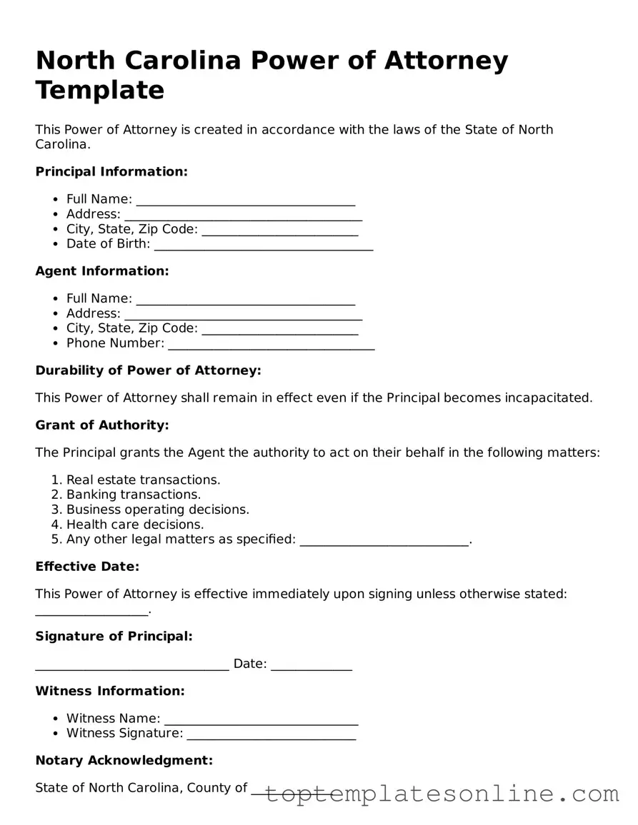 Blank Power of Attorney Template for North Carolina State