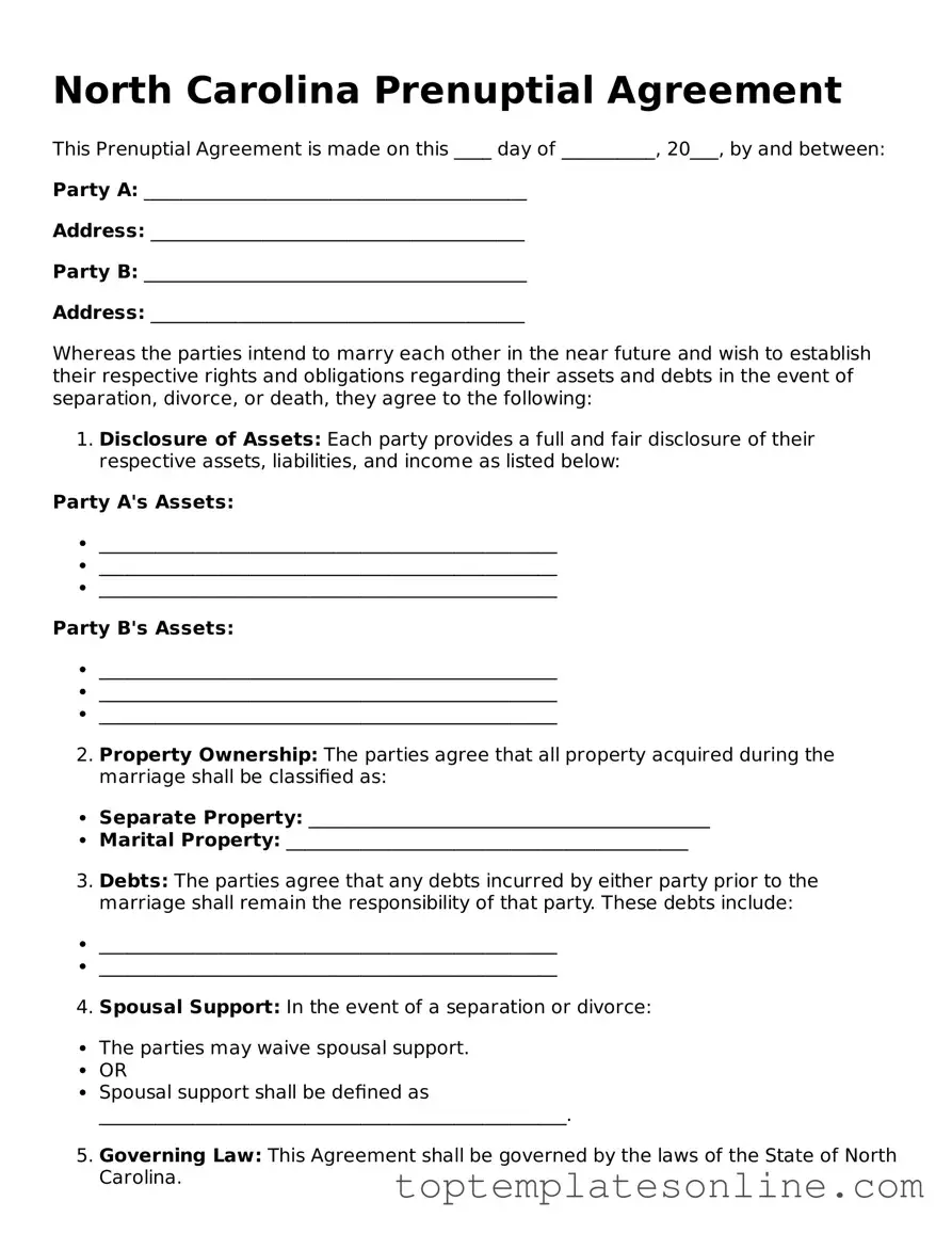 Blank Prenuptial Agreement Template for North Carolina State
