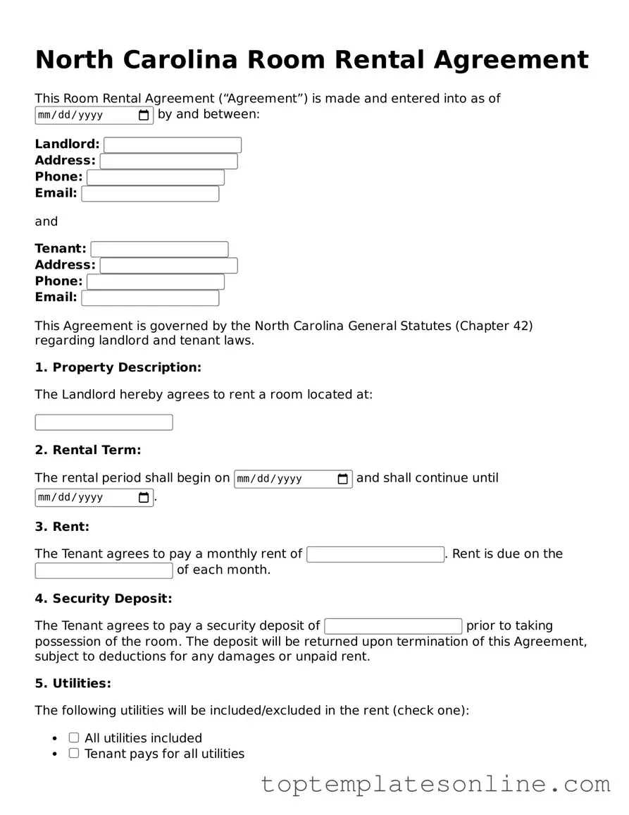 Blank Room Rental Agreement Template for North Carolina State