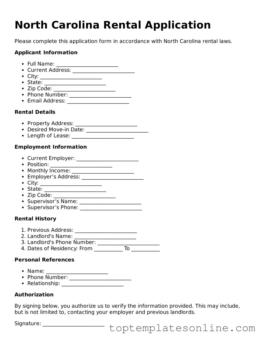 Blank Rental Application Template for North Carolina State