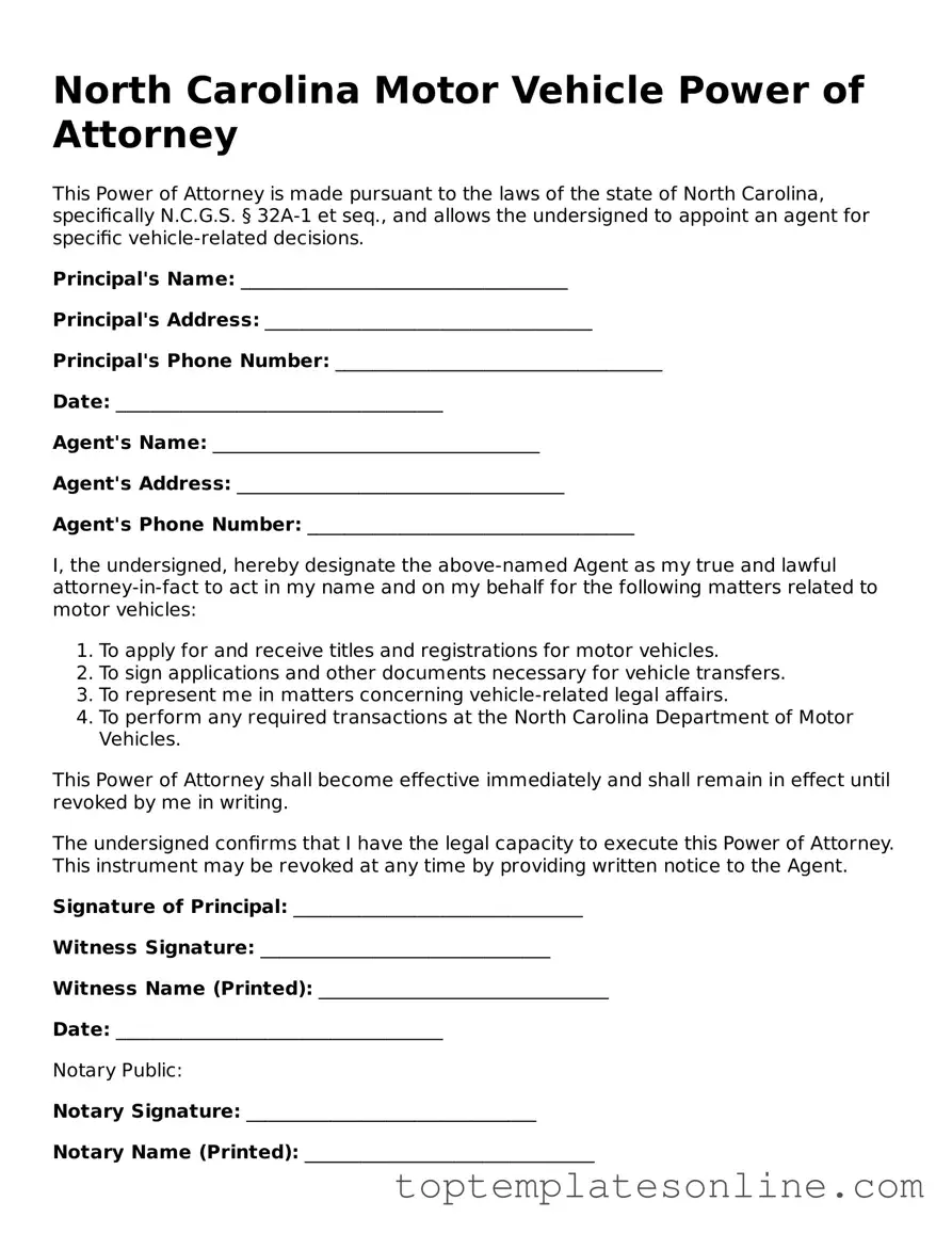 Blank Motor Vehicle Power of Attorney Template for North Carolina State