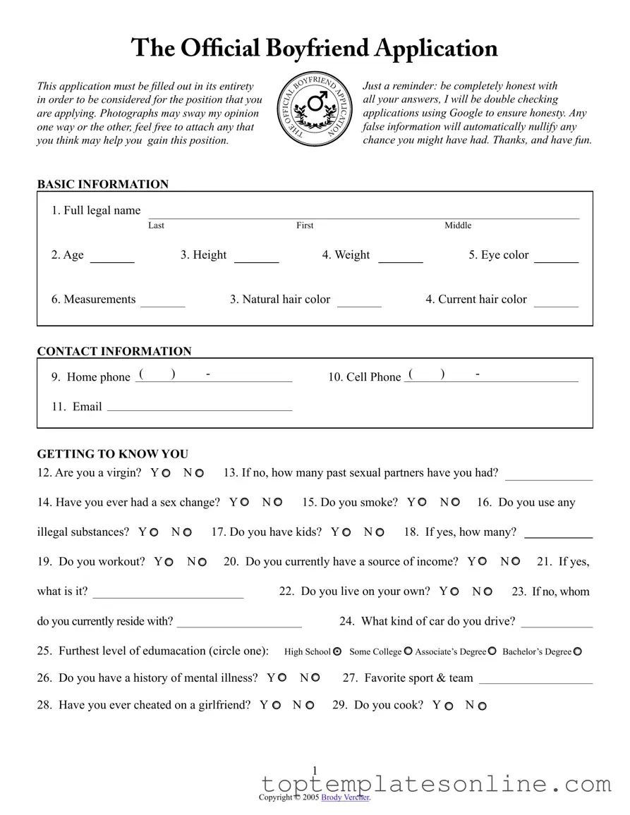 Fillable Boyfriend application form Form