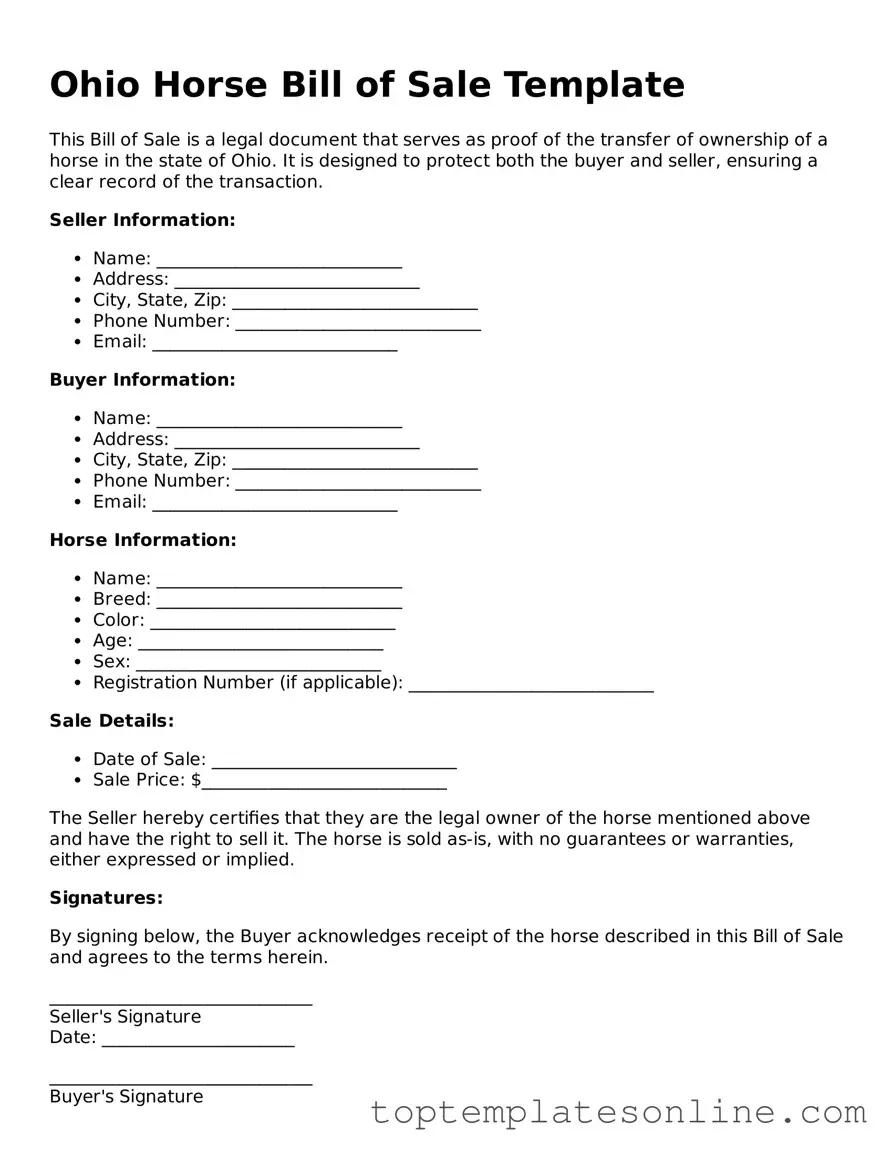 Blank Horse Bill of Sale Template for Ohio State