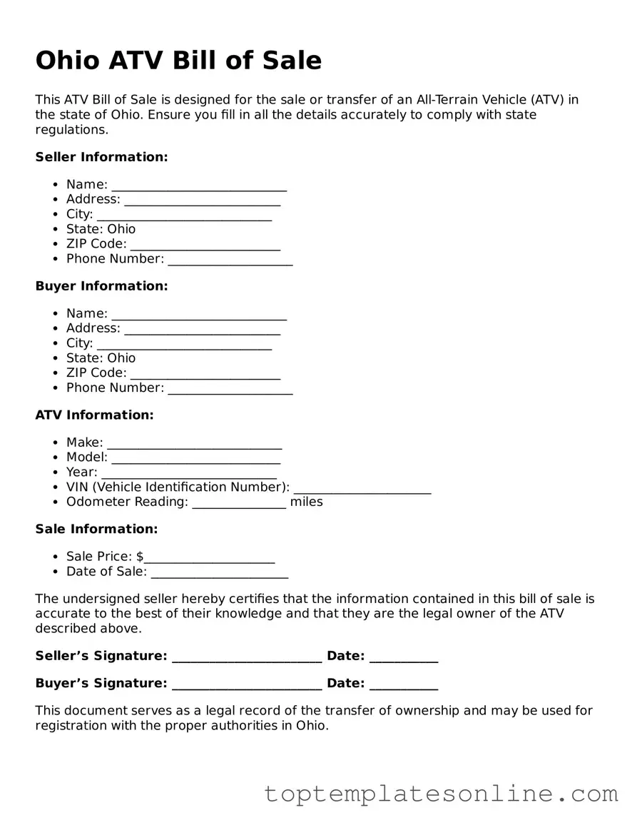 Blank ATV Bill of Sale Template for Ohio State