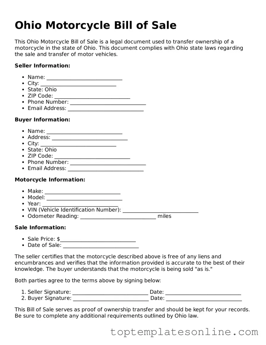 Blank Motorcycle Bill of Sale Template for Ohio State