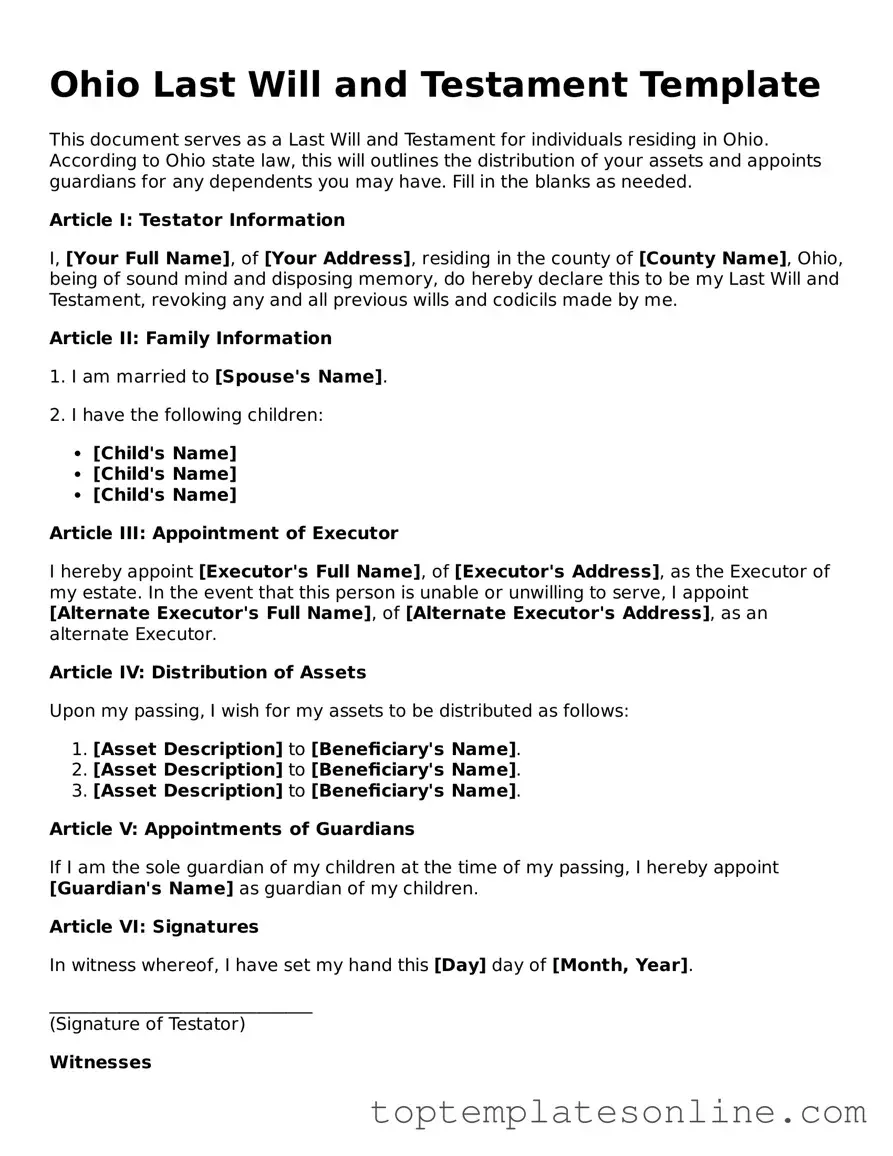 Blank Last Will and Testament Template for Ohio State