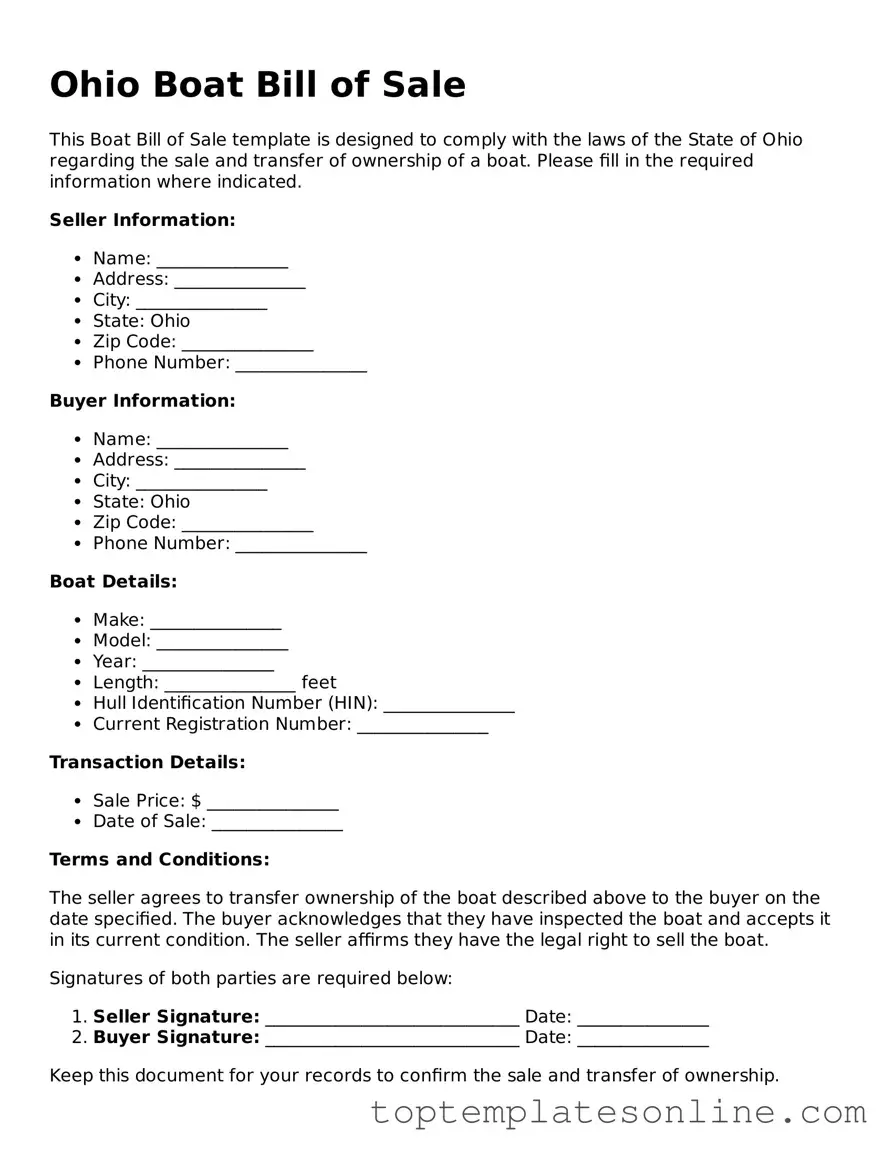 Blank Boat Bill of Sale Template for Ohio State