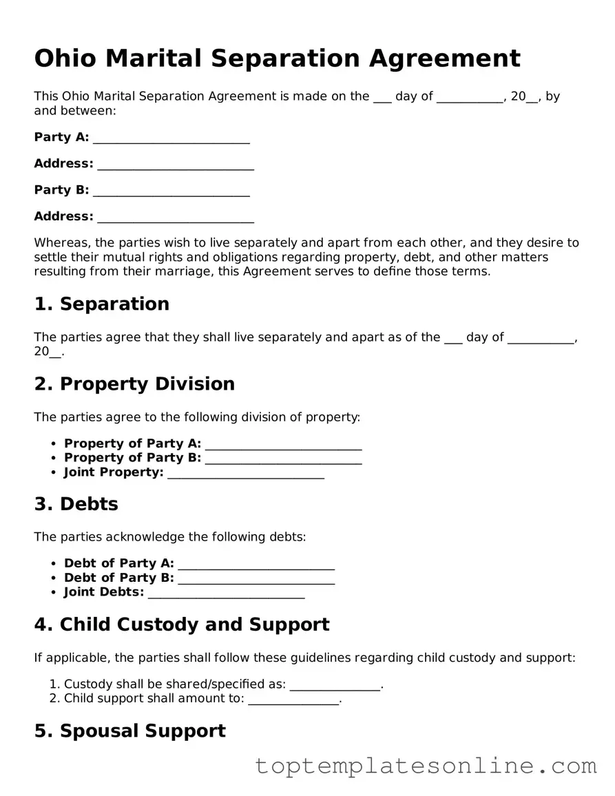 Blank Marital Separation Agreement Template for Ohio State