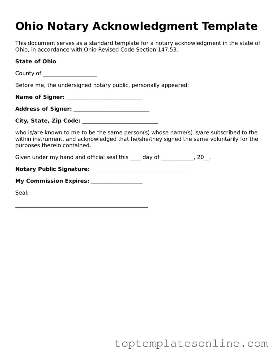 Blank Notary Acknowledgement Template for Ohio State